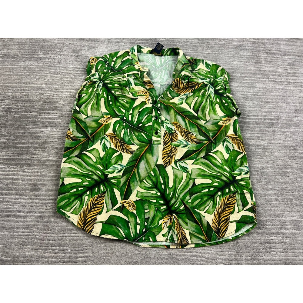 Rachel Roy Blouse Womens L Green Tropical Palm Leaf Linen Blend Sleeveless Boho